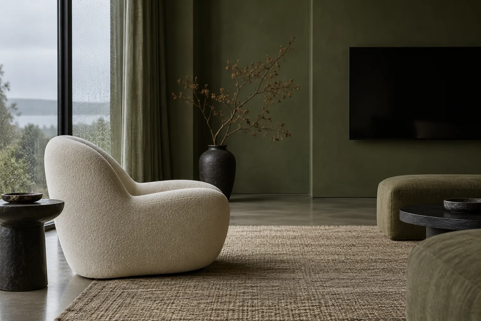 Side view of a lounge chair facing a distant blank television