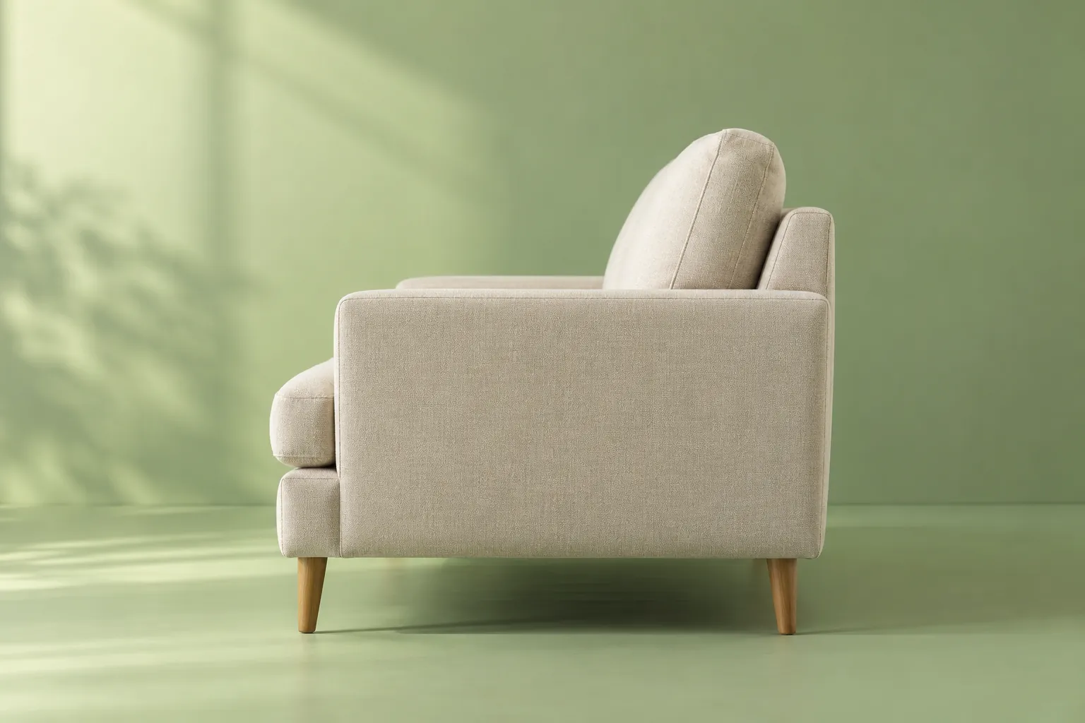 Side view of cream armchair with wooden legs against a pale green wall