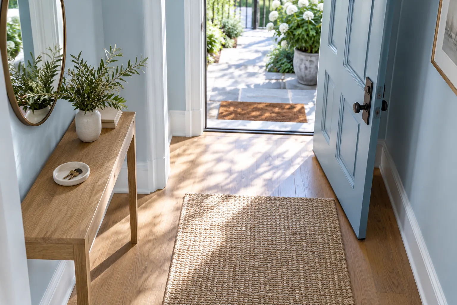 Slim oak entry table beside an open door in a pale blue hall