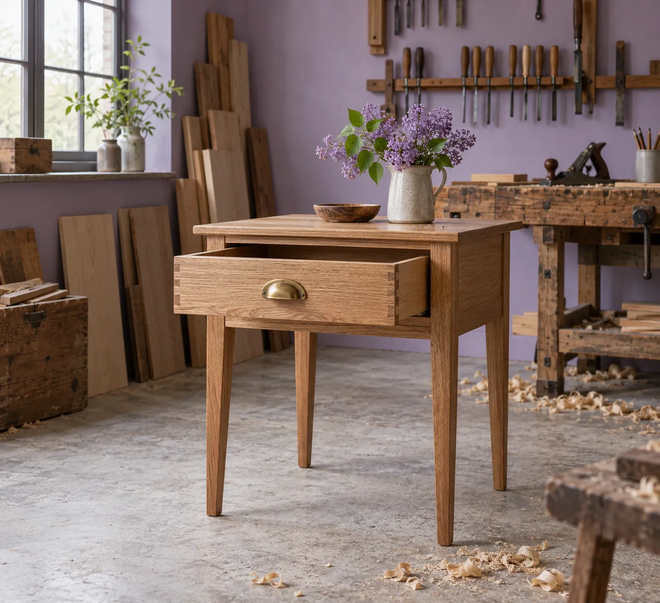 Small oak side table with an open drawer in a cabinetmaking workshop