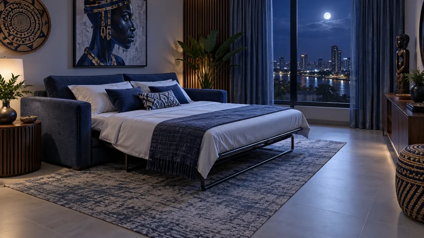 Sofa bed fully open in a cool indigo Lagos guest room