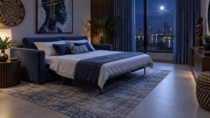 Sofa bed fully open in a cool indigo Lagos guest room