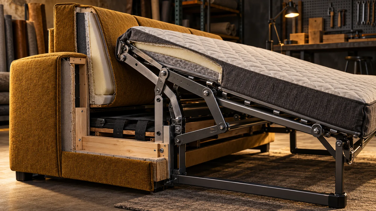 Sofa bed mechanism, frame and mattress construction detail