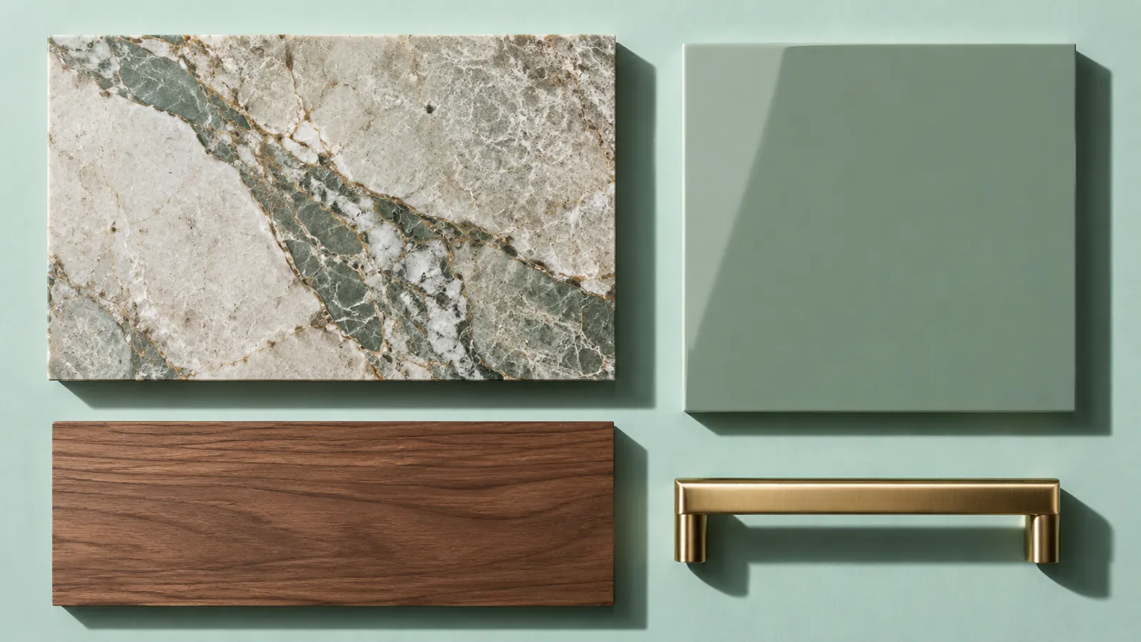 Stone, lacquer, veneer and metal sideboard material samples