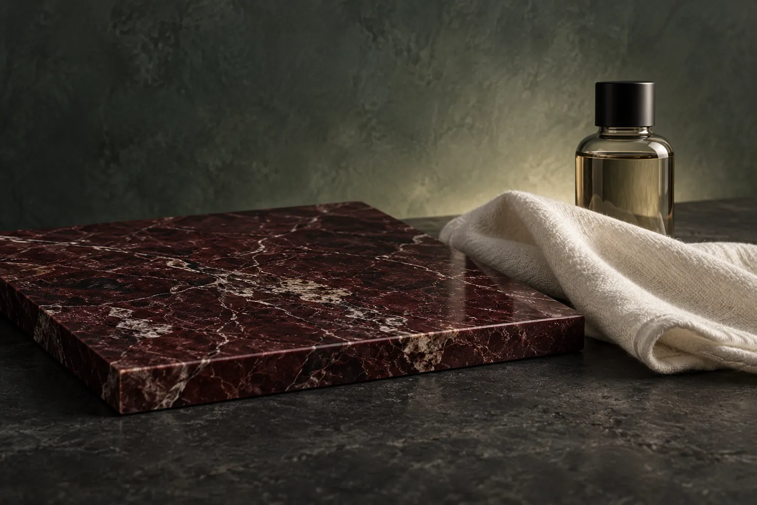 Stone sample, dry white cloth and plain care bottle on a charcoal surface