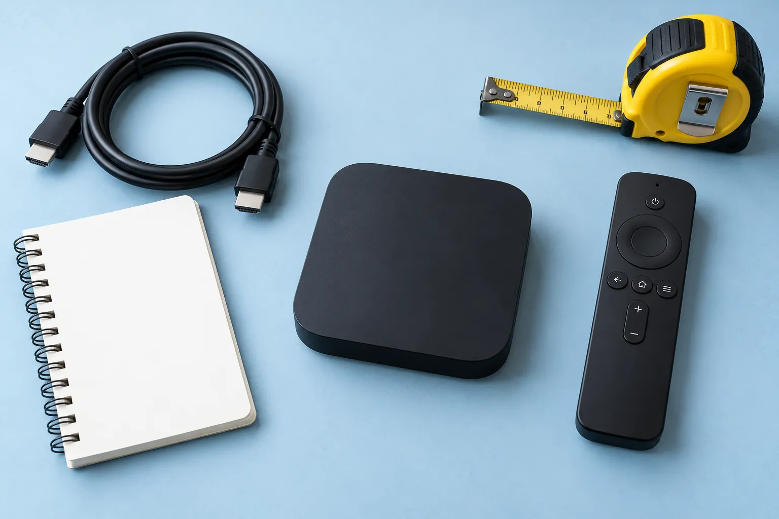 Streaming device, remote and coiled cable on a pale blue planning bench