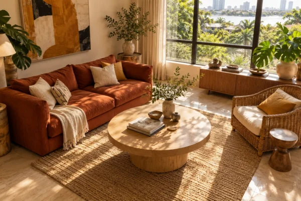 Sunny living room with a round oak coffee table and rust sofa