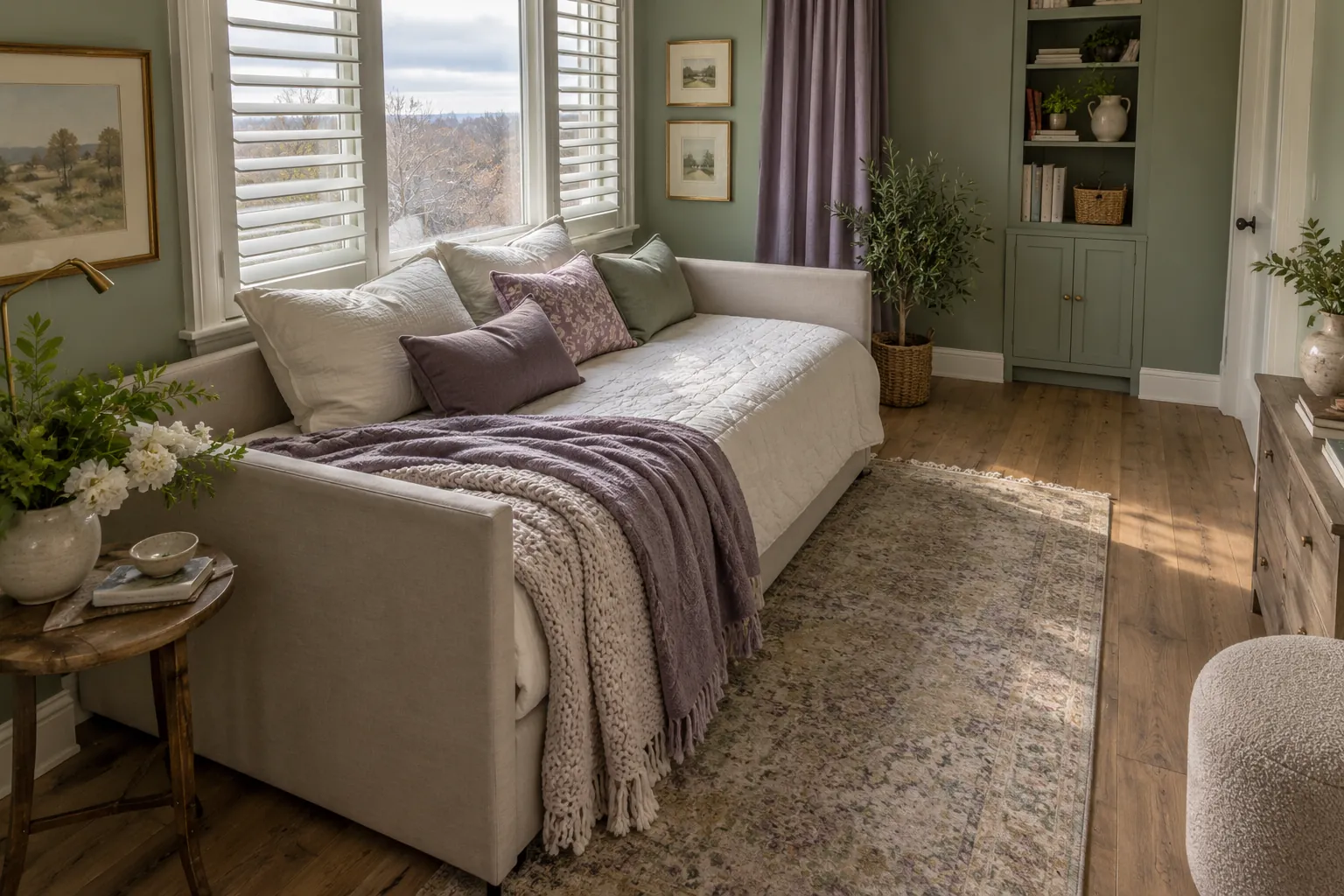Tan daybed beside shuttered windows with lavender textiles and a clear passage