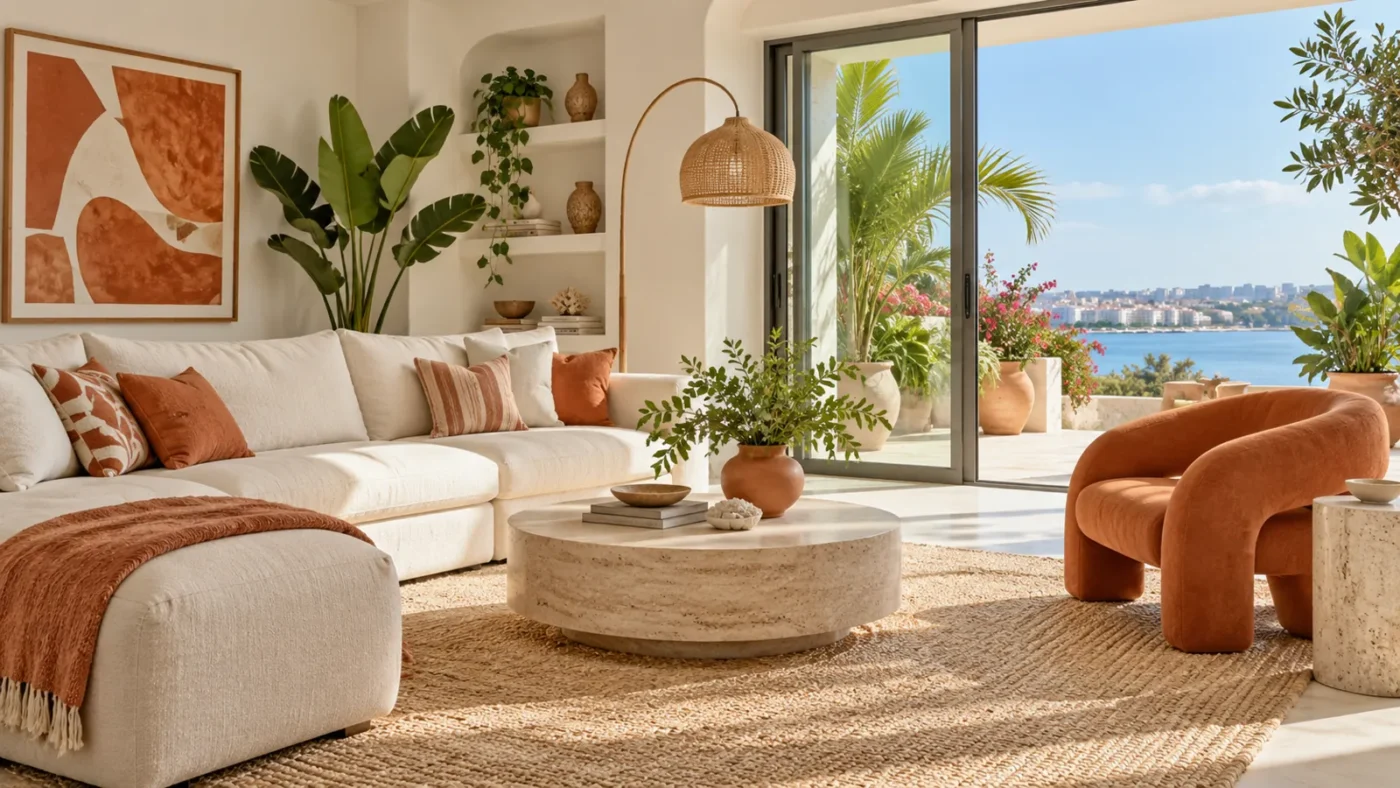 Terracotta accent chair completing a bright Lagos living room conversation area