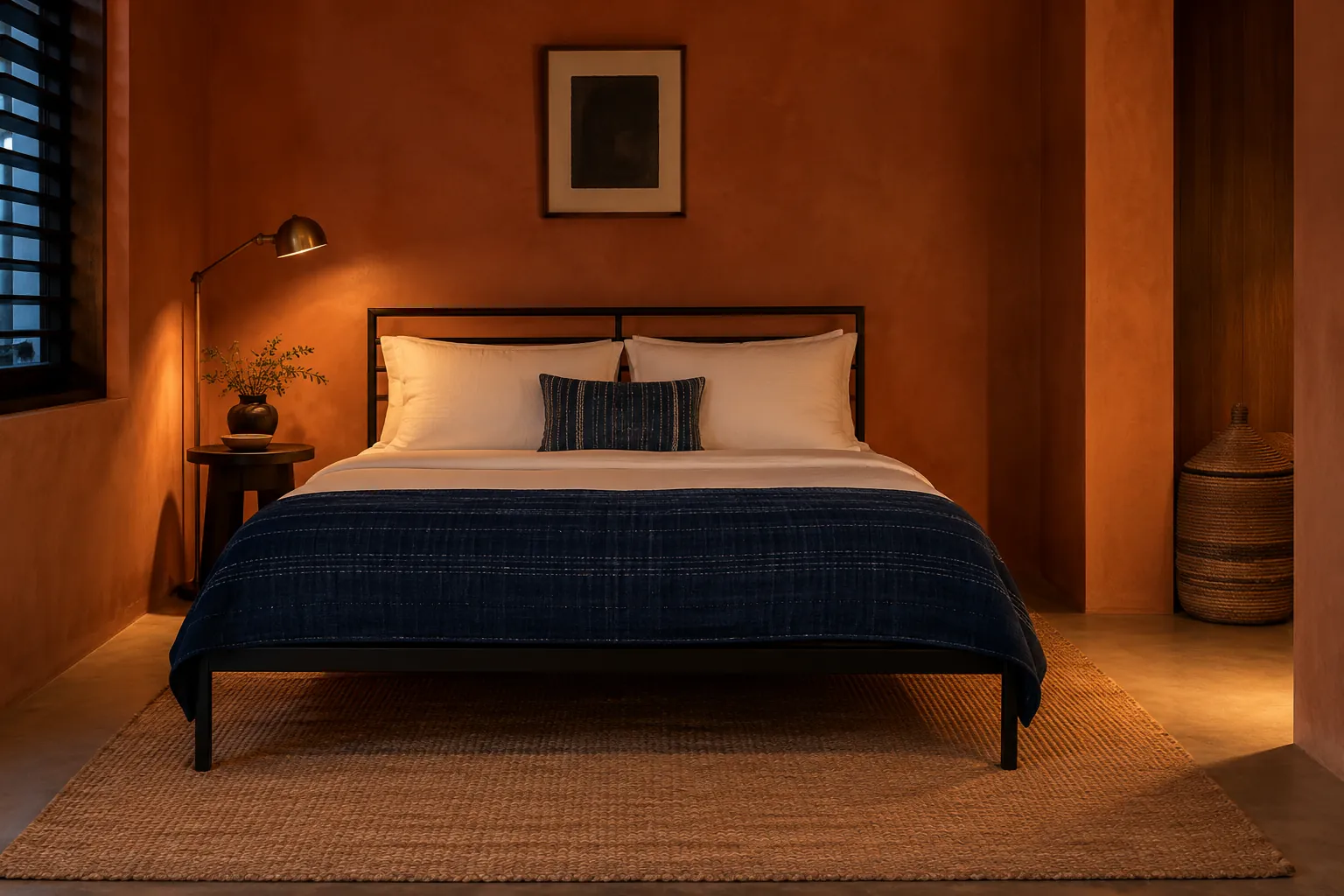 Terracotta bedroom with a dark bed frame and navy bedcover