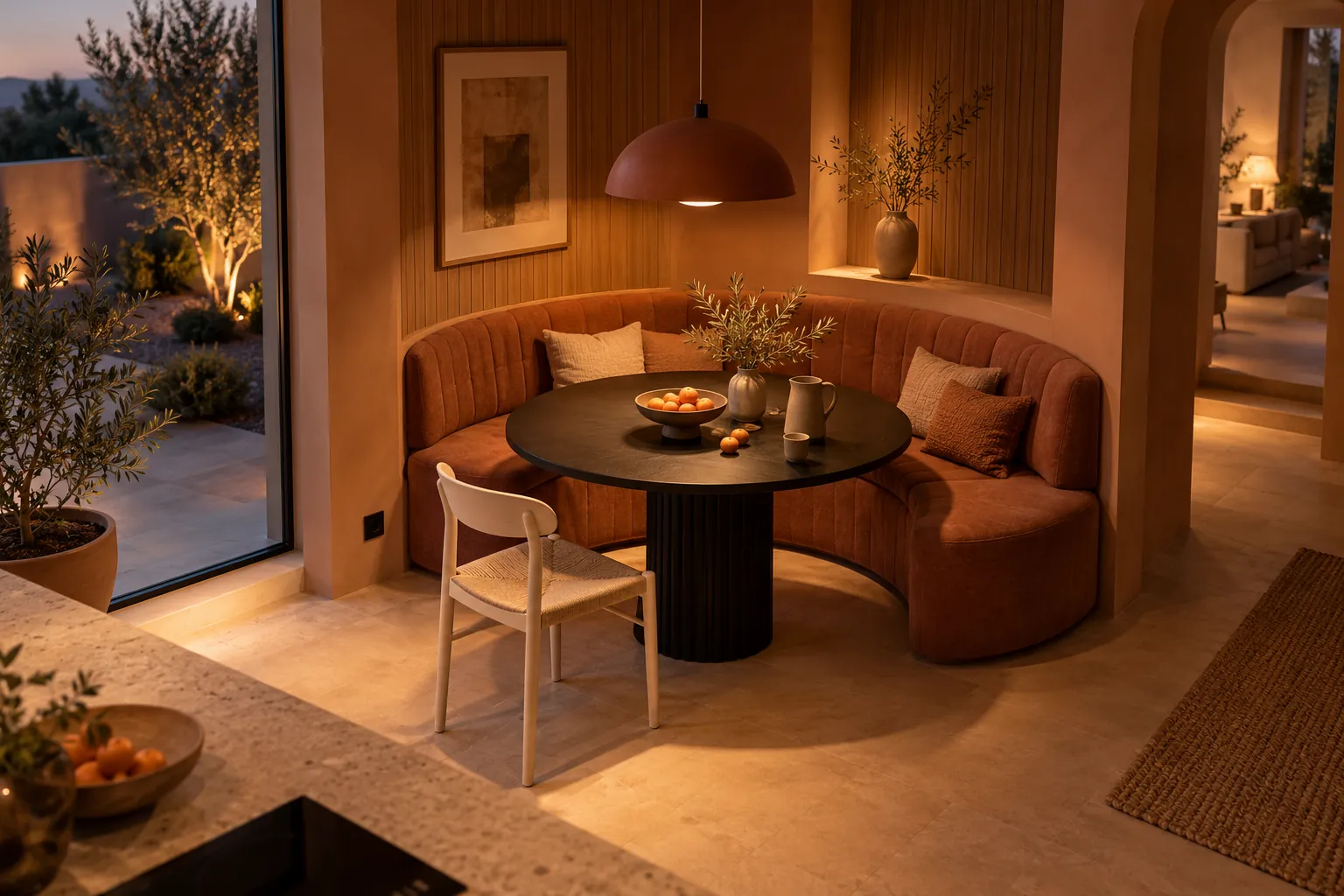 Terracotta dining alcove with curved banquette and a round table