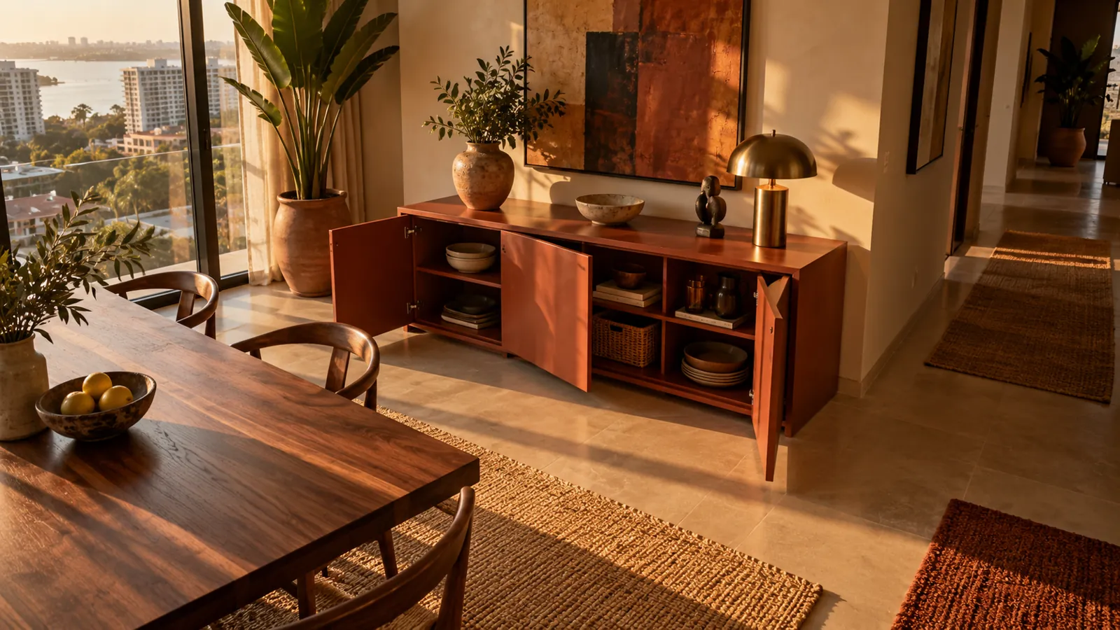 Terracotta sideboard with doors open beside a Lagos dining route