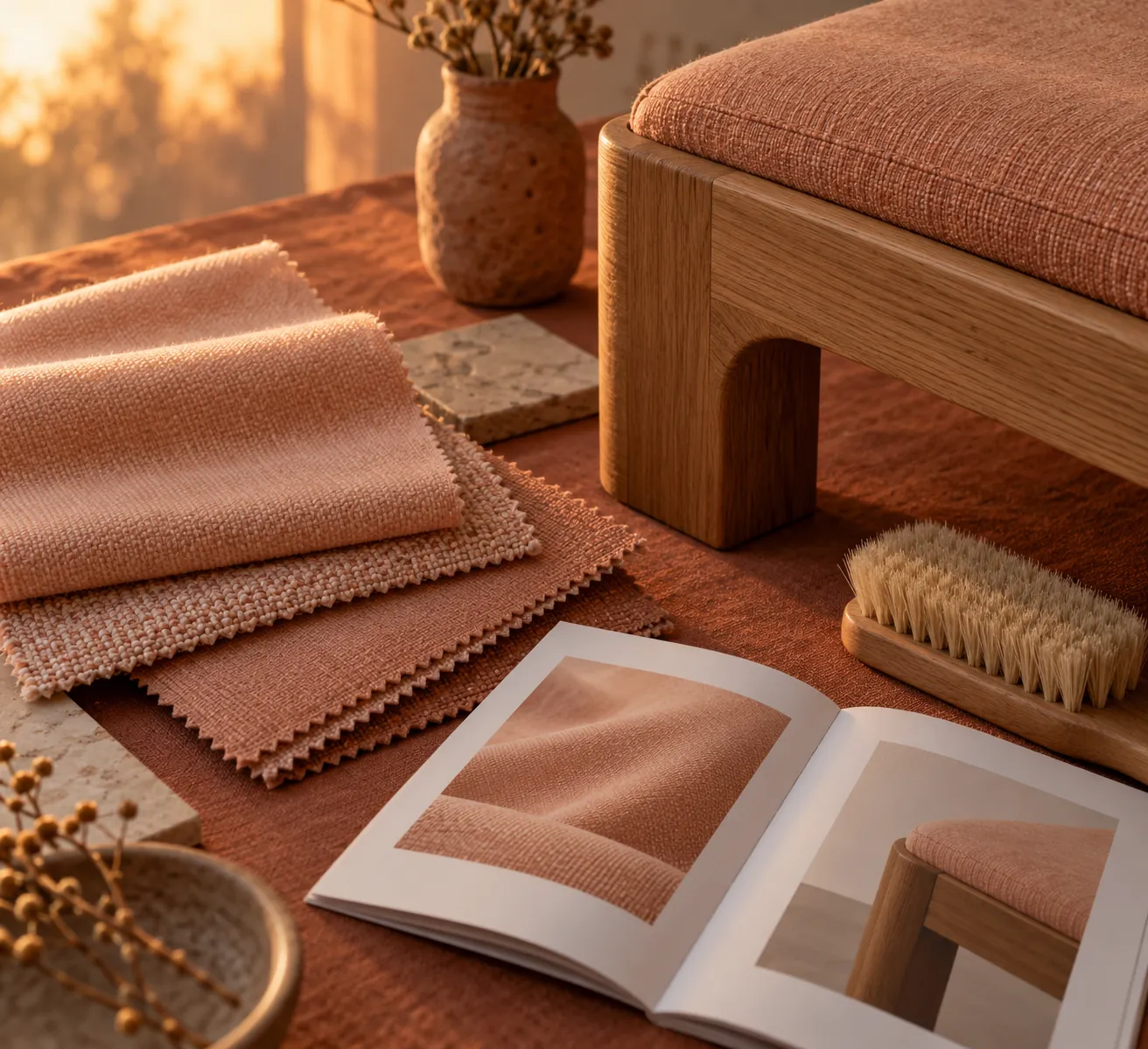 Terracotta upholstery swatches, brush and booklet beside an upholstered seat.