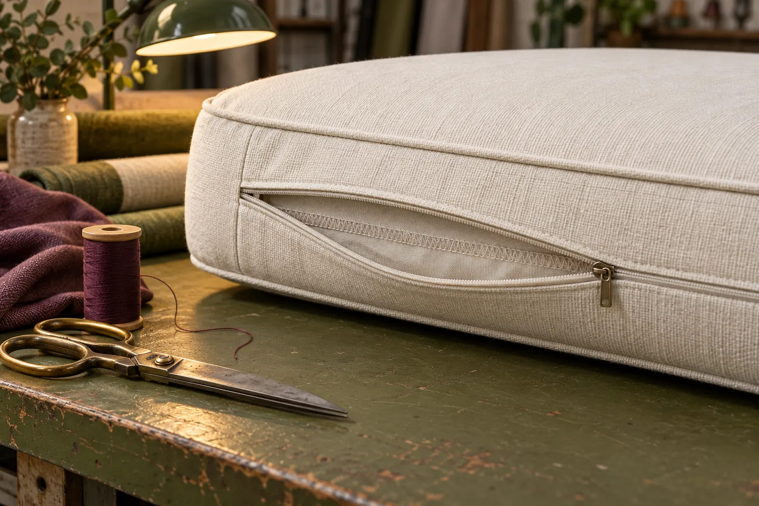 Underside of an ivory cushion showing its concealed zip on an olive workbench
