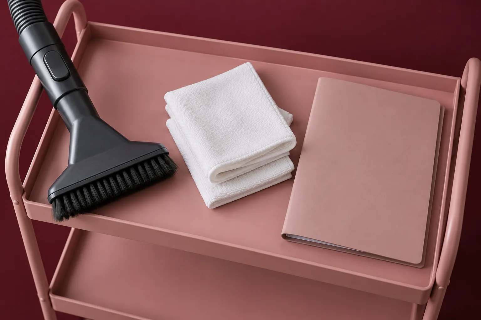 Upholstery vacuum attachment and folded white cloths on a rose utility shelf