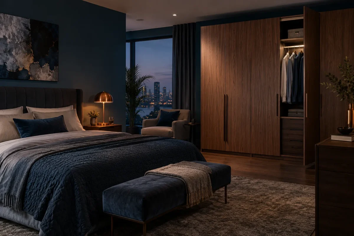 Walnut hinged wardrobe in a petrol blue bedroom at evening