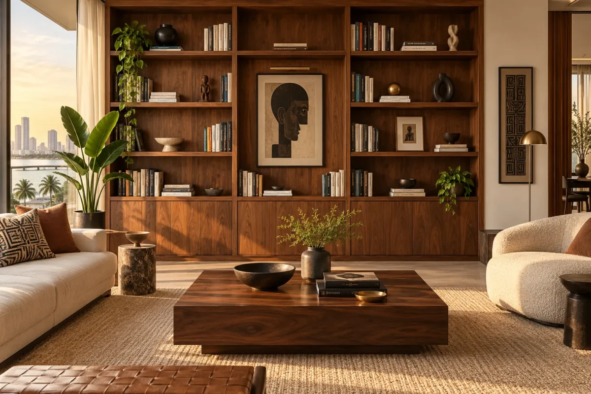 Walnut library bookcase in a golden afternoon Lagos living room