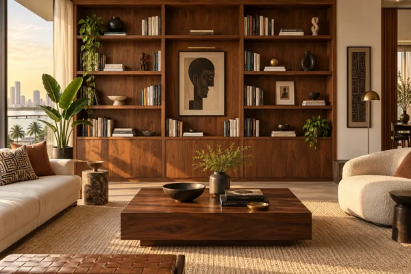 Walnut library bookcase in a golden afternoon Lagos living room