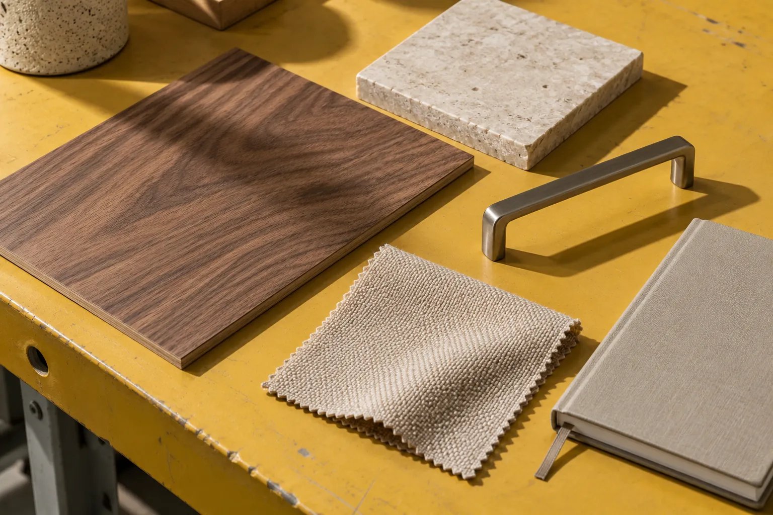 Wood stone handle and fabric samples on a yellow workbench