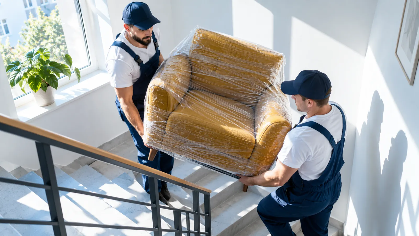 Wrapped accent chair being carried around a sunlit apartment stair turn