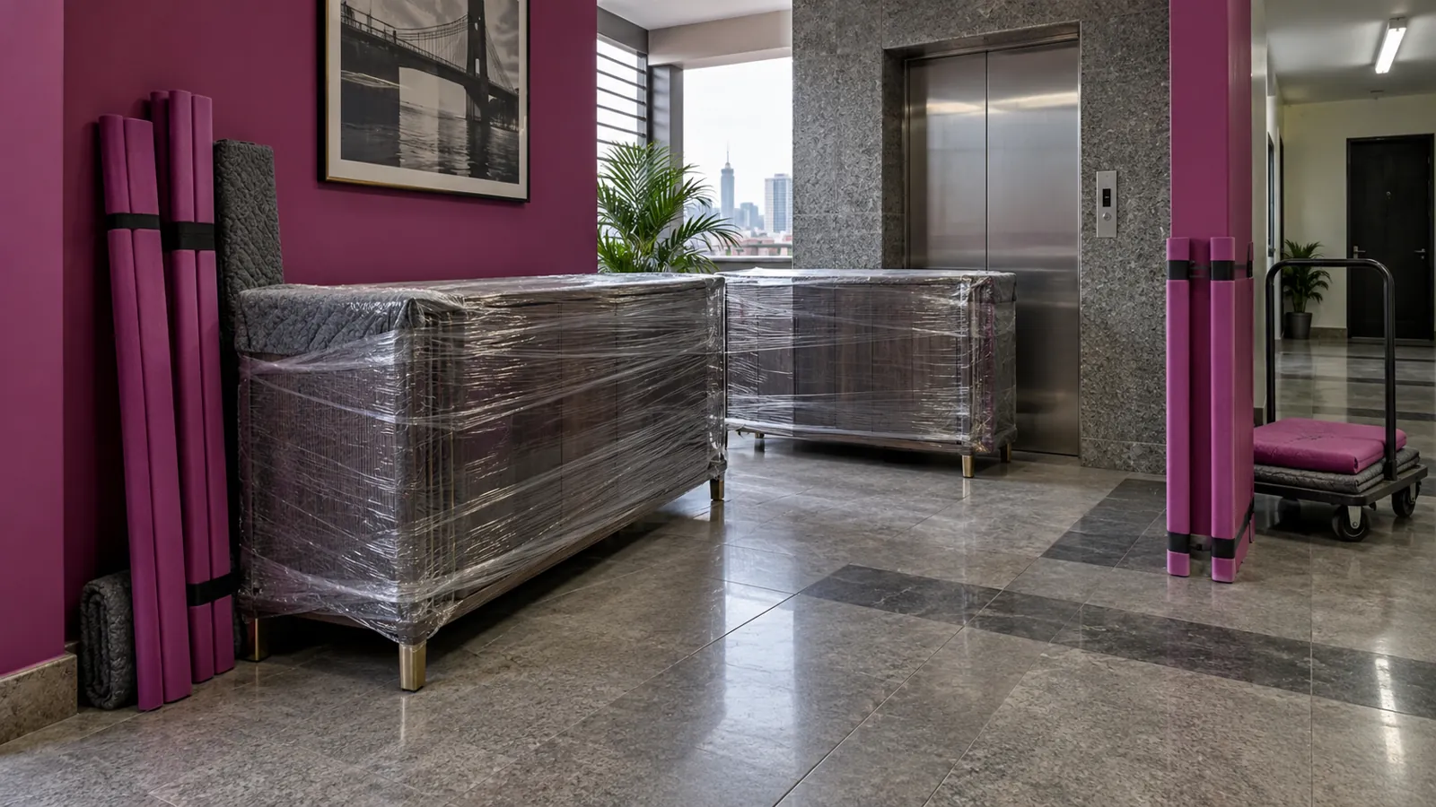Wrapped sideboard sections beside a Lagos apartment lift