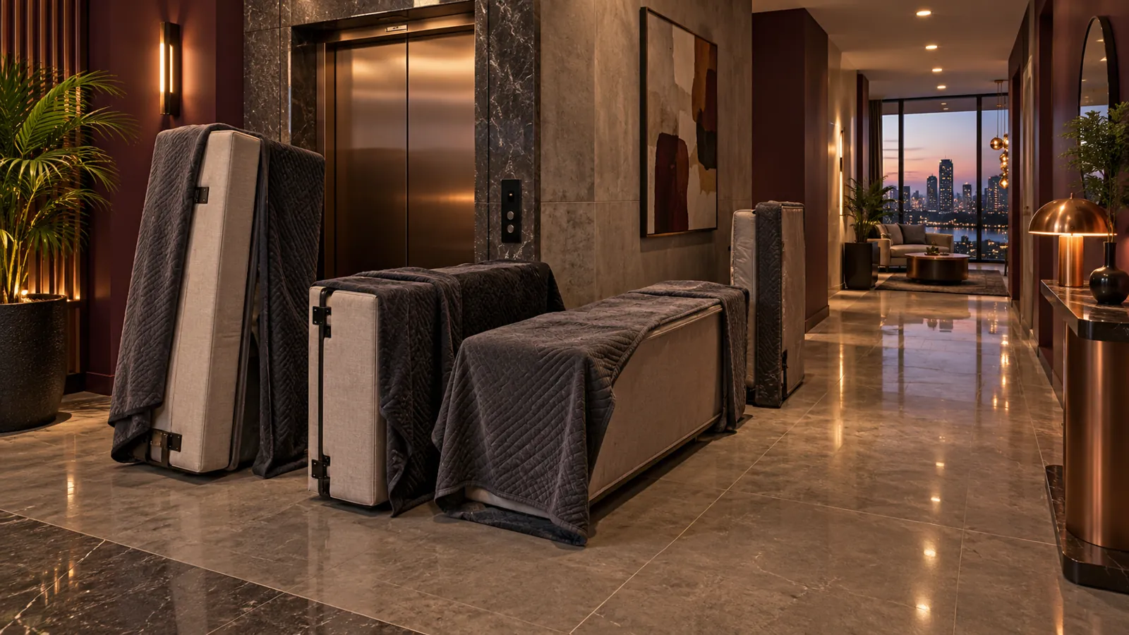 Wrapped sofa bed sections beside an apartment lift and turn
